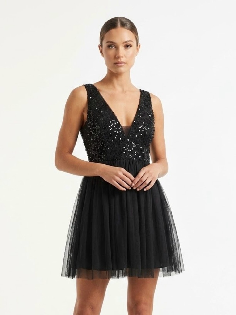 Haute Monde Black Sequin Tulle Dress S V-Neck Party Cocktail Guest Mini Dress